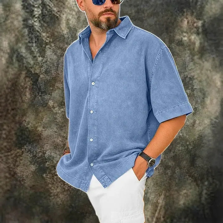 Washed Short-Sleeve Denim Shirt