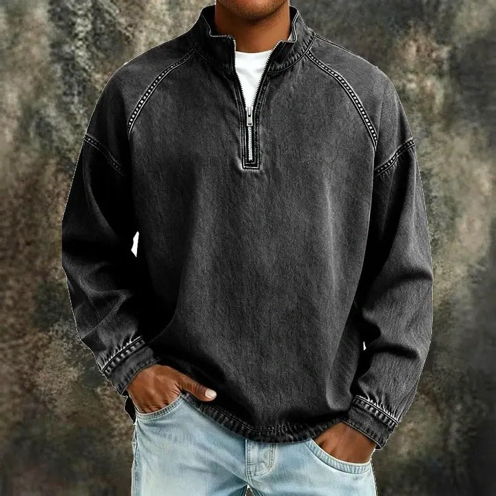 Acid-Wash Stand-Collar T-Shirt