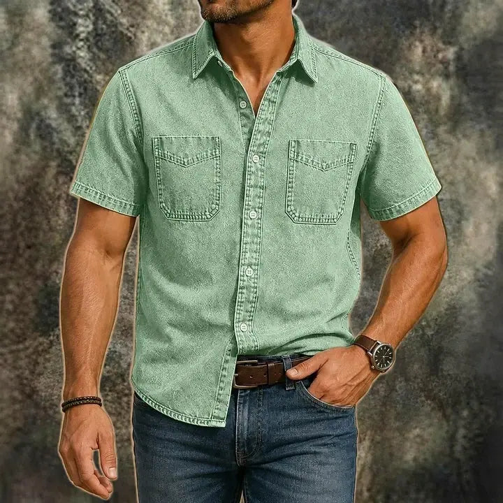 Washed Short-Sleeve Denim Shirt