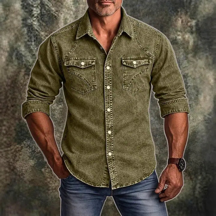 Acid-Wash Long-Sleeve Denim Shirt