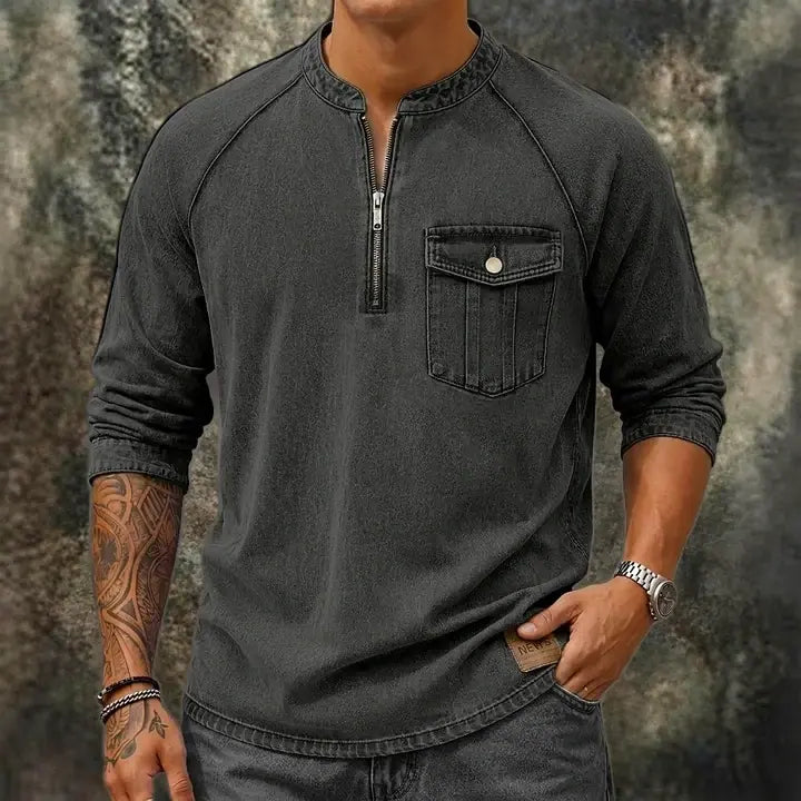 Distressed Long-Sleeve Henley Shirt
