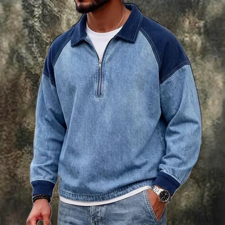 Patchwork Long-Sleeve Polo Shirt