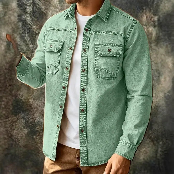 Acid-Wash Long-Sleeve Denim Shirt