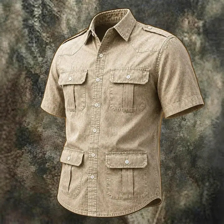 Acid-Wash Short-Sleeve Denim Shirt