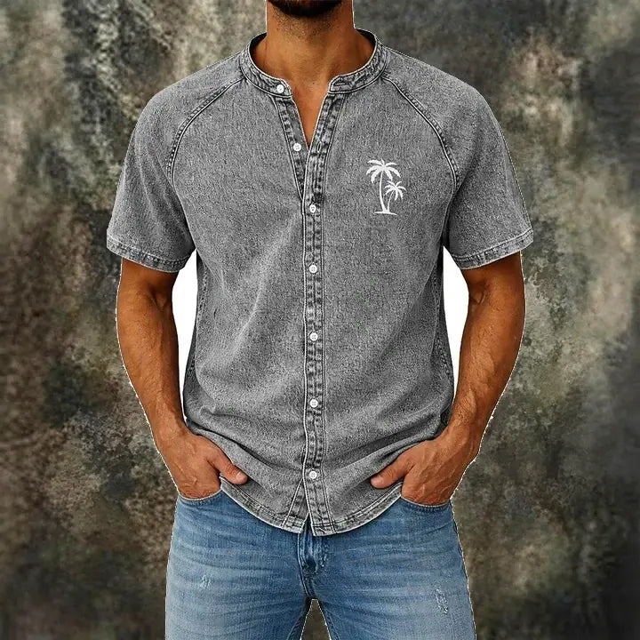 Washed Mandarin-Collar Denim Shirt