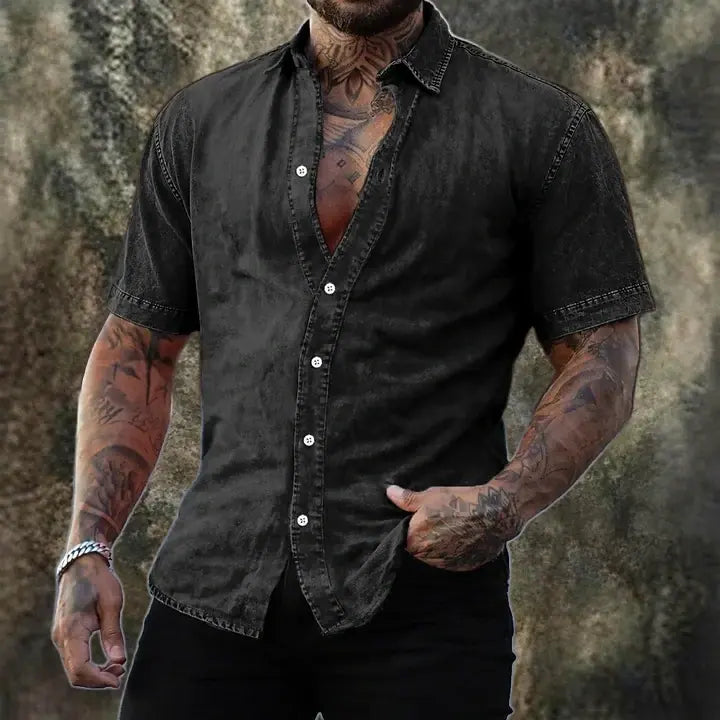 Washed Short-Sleeve Denim Shirt
