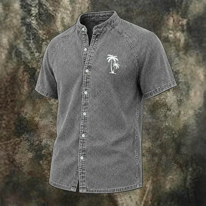 Washed Mandarin-Collar Denim Shirt