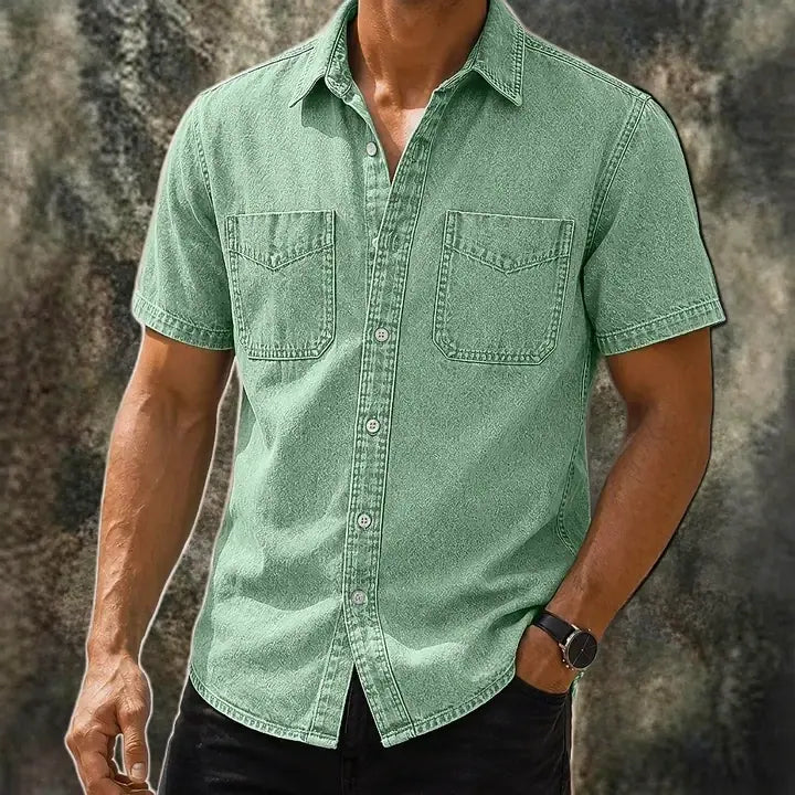 Washed Short-Sleeve Denim Shirt