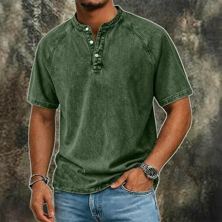 Acid-Wash Short-Sleeve Henley Shirt
