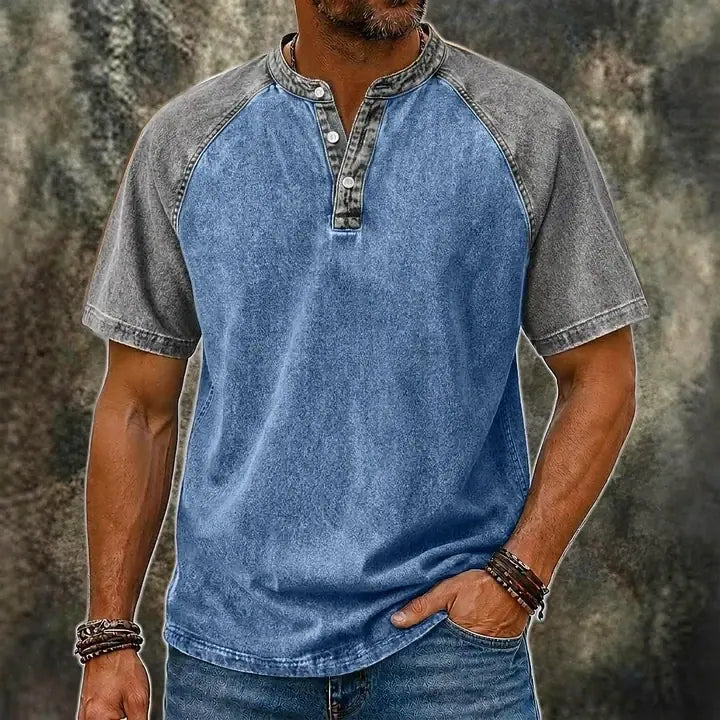 Color-Block Patchwork Henley Shirt