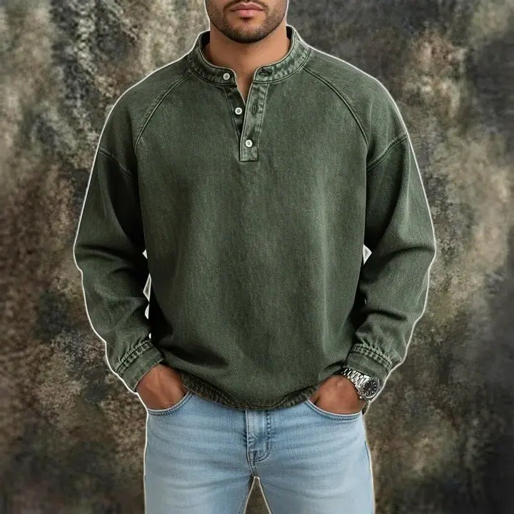 Acid-Wash Long-Sleeve Henley Shirt