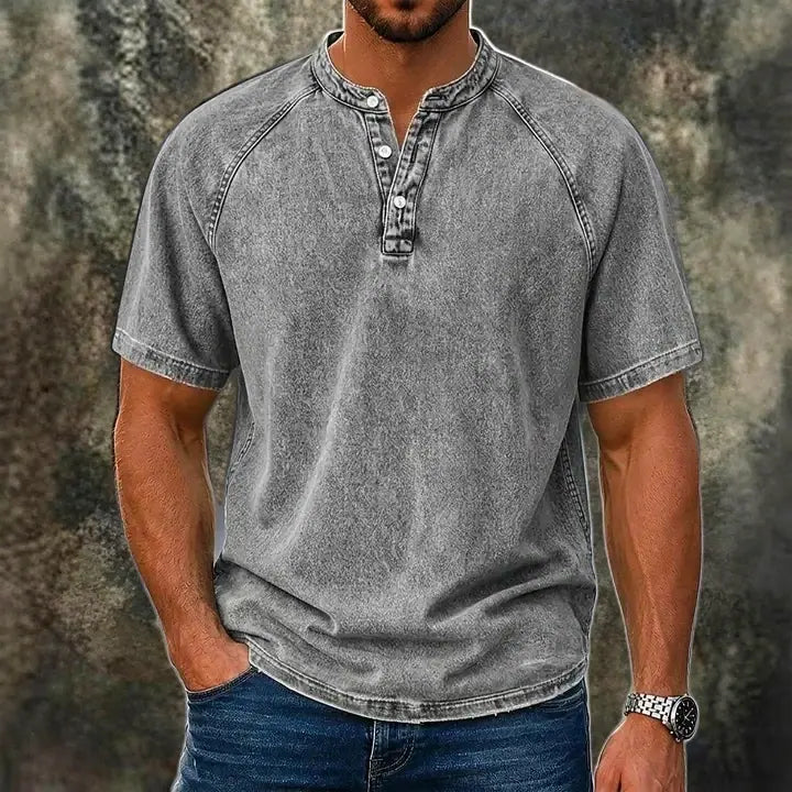 Acid-Wash Short-Sleeve Henley Shirt