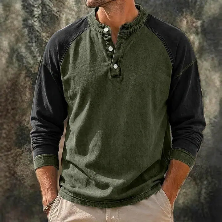 Color-Block Washed Henley Shirt