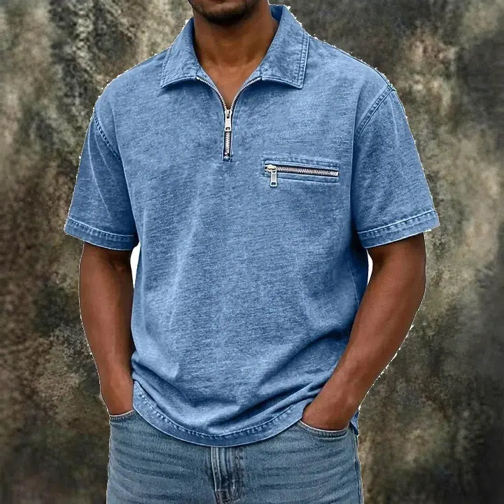 Acid-Wash Zip-Pocket Polo Shirt