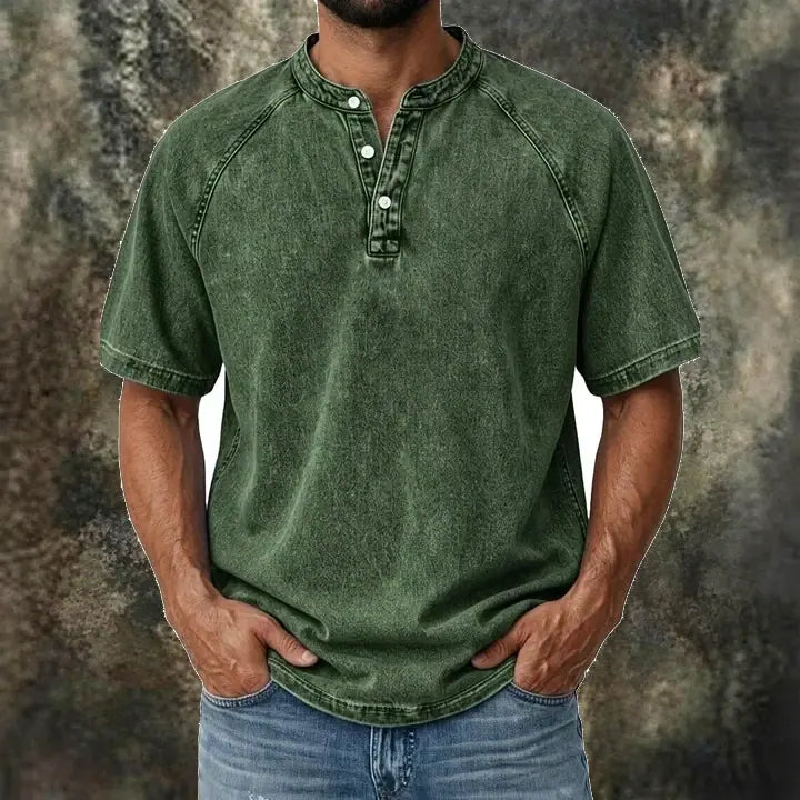 Acid-Wash Short-Sleeve Henley Shirt