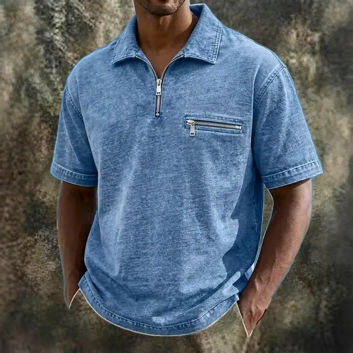 Acid-Wash Zip-Pocket Polo Shirt
