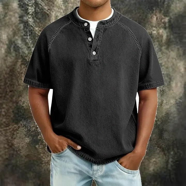 Acid-Wash Short-Sleeve Henley Shirt