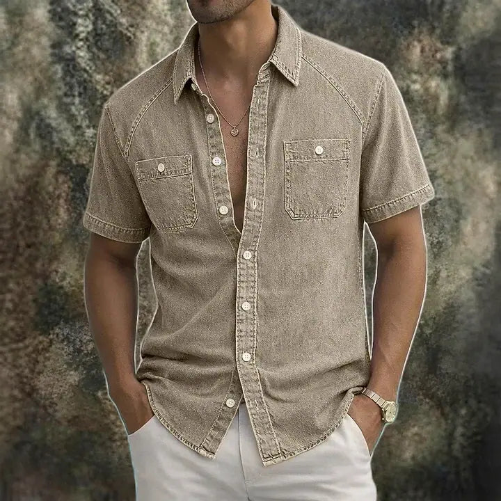 Washed Short-Sleeve Denim Shirt