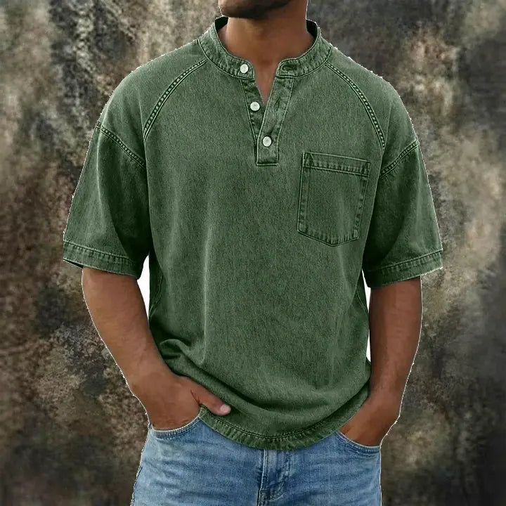 Acid-Wash Short-Sleeve Henley Shirt