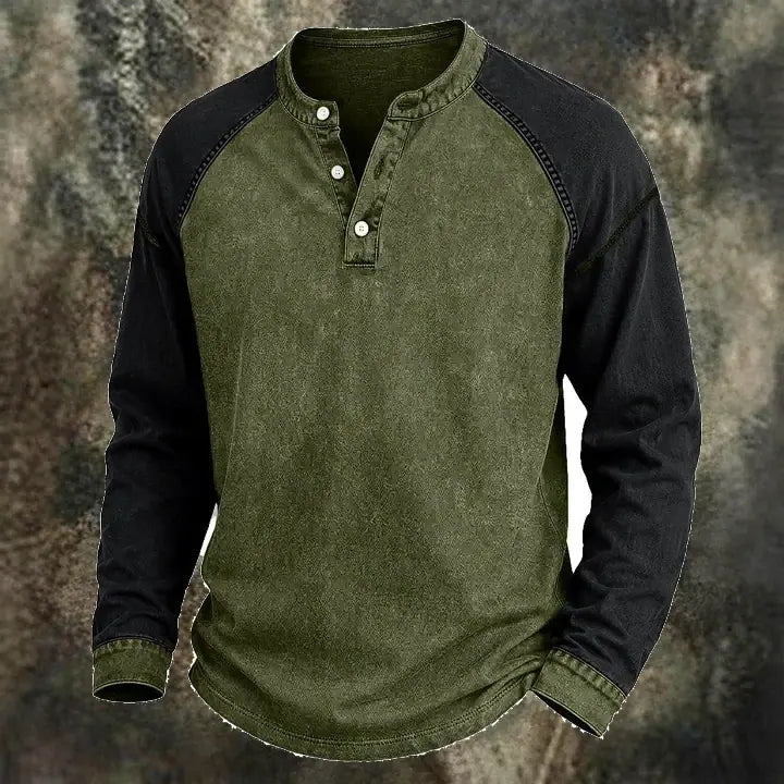 Color-Block Washed Henley Shirt