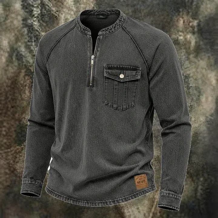 Distressed Acid-Wash Henley Shirt