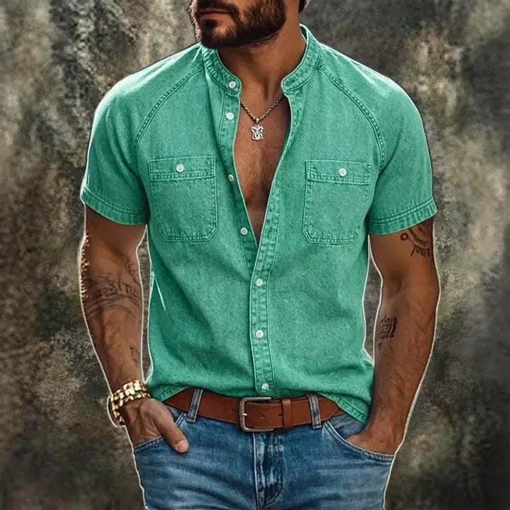 Acid-Wash Mandarin-Collar Shirt