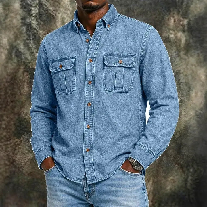 Acid-Wash Long-Sleeve Denim Shirt