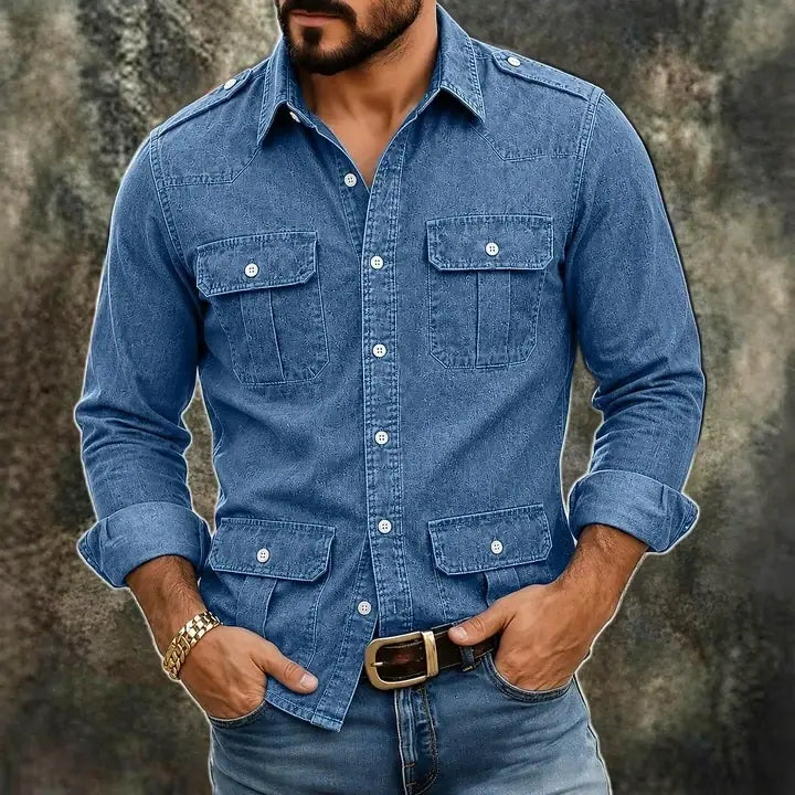 Acid-Wash Long-Sleeve Denim Shirt