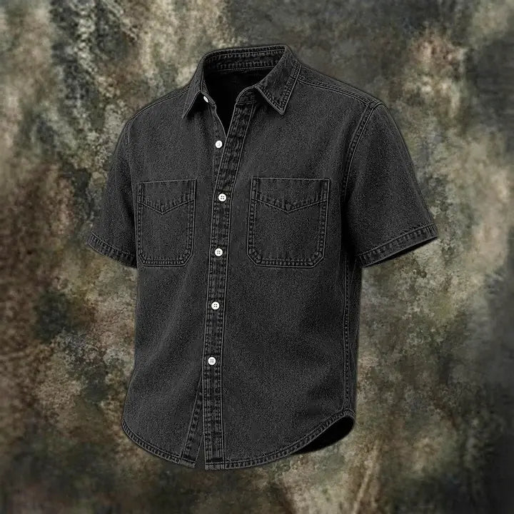 Acid-Wash Short-Sleeve Denim Shirt