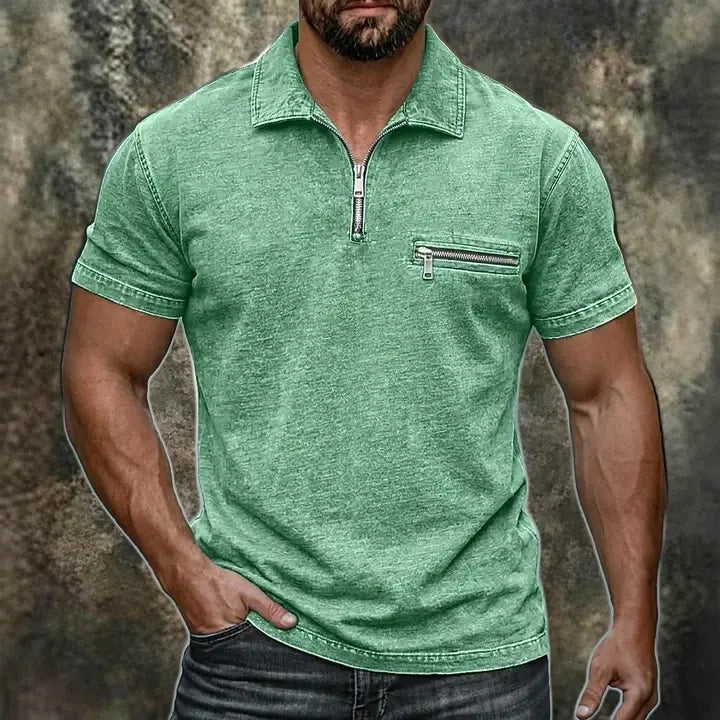 Acid-Wash Zip Polo Shirt