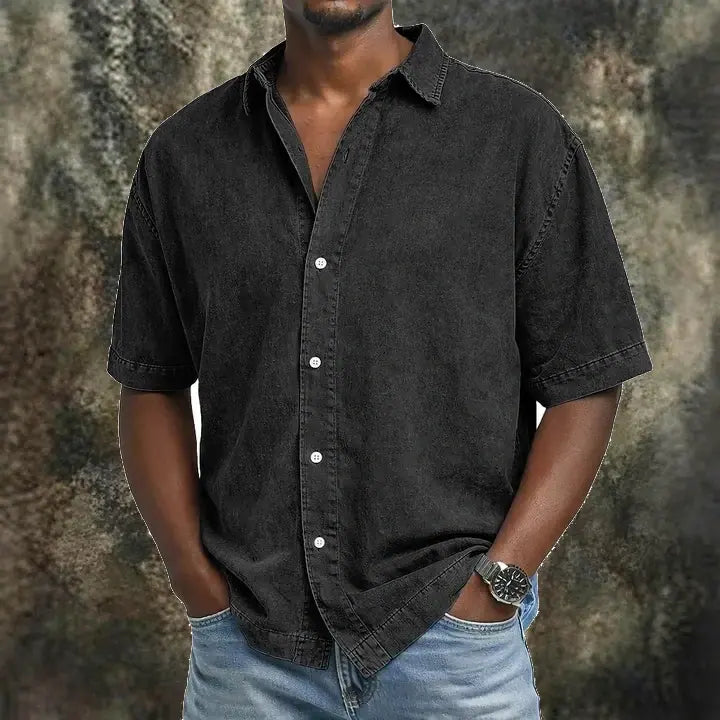 Acid-Wash Short-Sleeve Denim Shirt