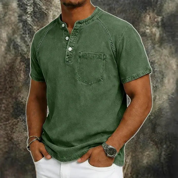 Acid-Wash Short-Sleeve Henley Shirt