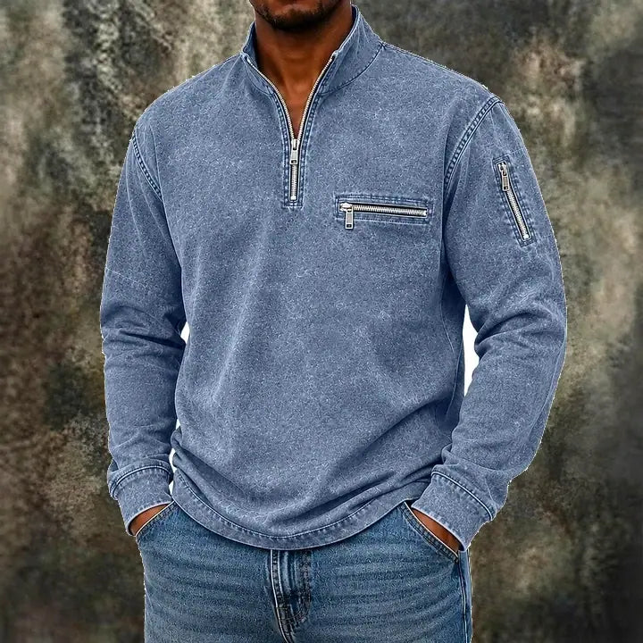 Acid-Wash Zip-Pocket Polo Shirt