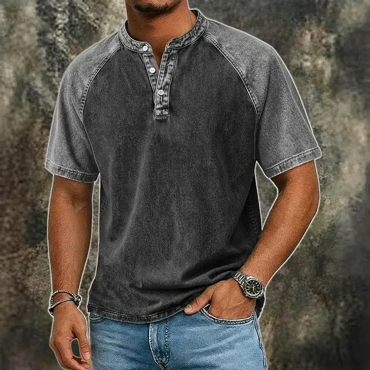 Color-Block Patchwork Henley Shirt