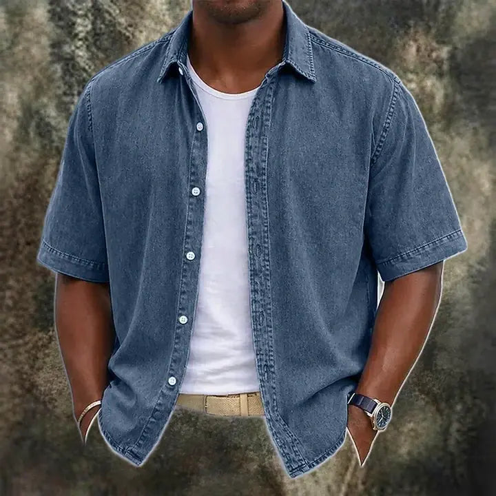 Washed Short-Sleeve Denim Shirt