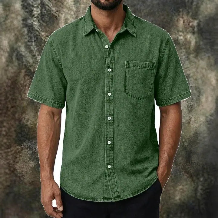 Washed Short-Sleeve Denim Shirt