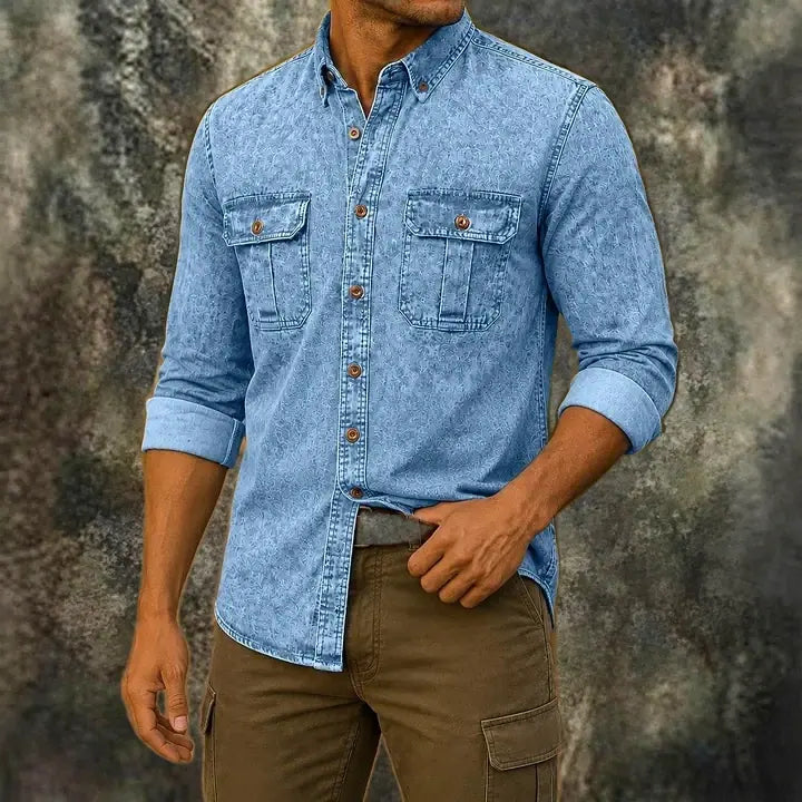 Acid-Wash Long-Sleeve Denim Shirt