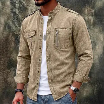 Zip-Pocket Long-Sleeve Denim Shirt