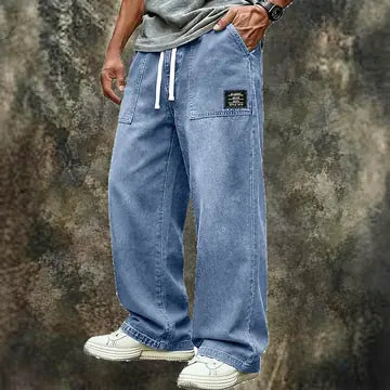 Patch-Pocket Wide-Leg Drawstring Jeans